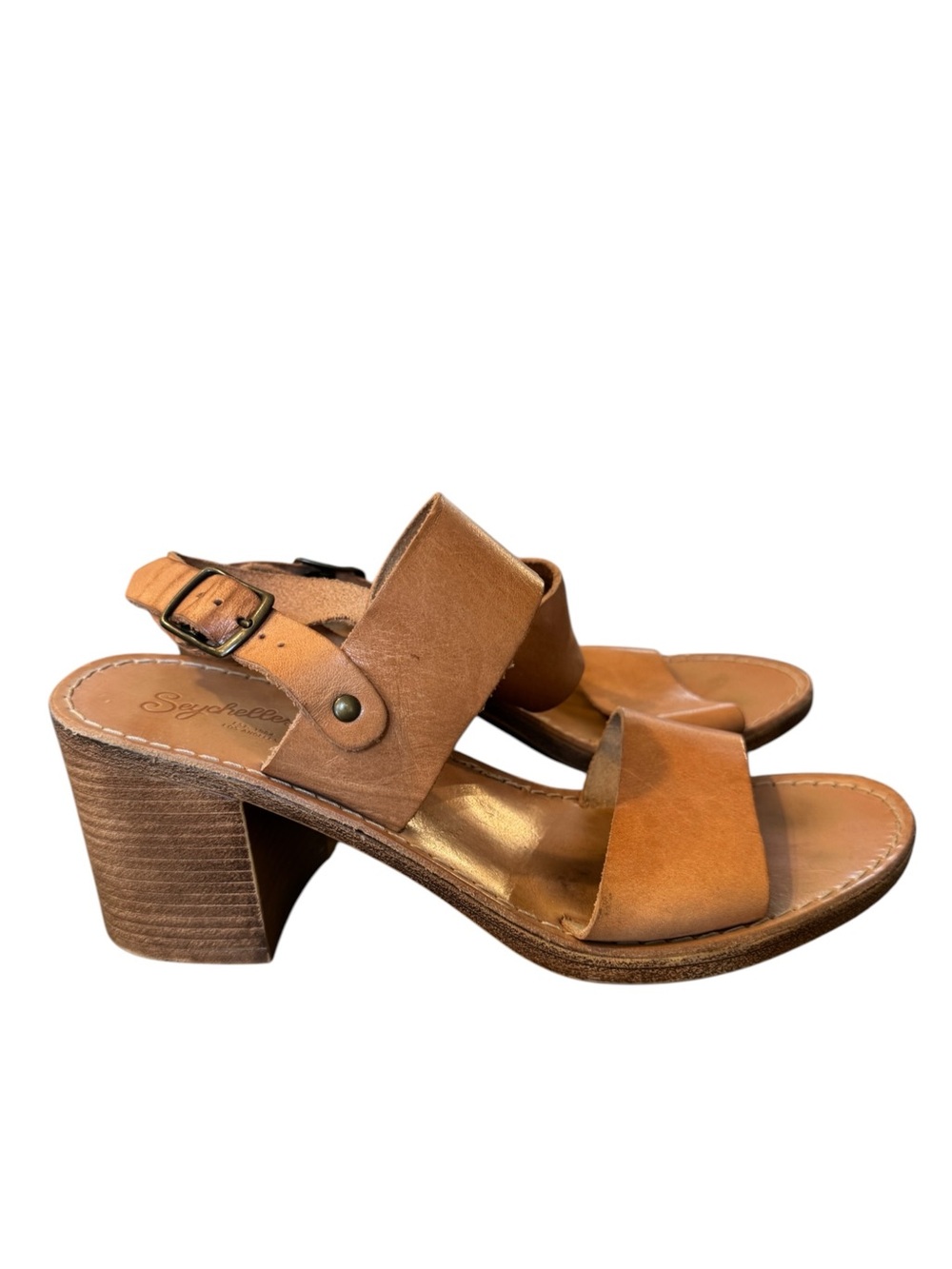 Seychelles Made in Italy Tan Leather Block Heel Sandals, Size 8.5